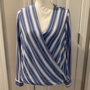 Kut from the Kloth faux wrapped blue and white striped long sleeve top Size XL